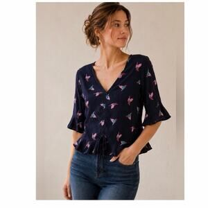 Elodie Navy Hummingbird Cinch Front Ruffle Sleeve Top S